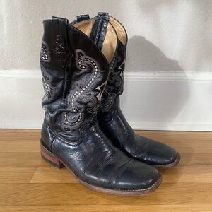 FERRINI Cowboy Boots Black Teju Lizard Skin with White Stitching Men Size 10.5